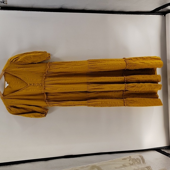 Time & Tru Yellow Gold Mustard Size Small Tiered Maxi Dress V Neck - Picture 2 of 9